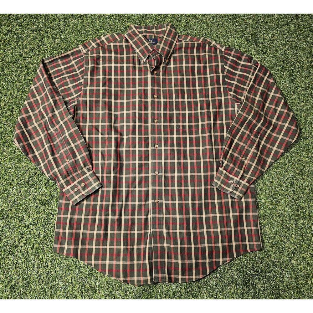 Brooks Brothers 346 Shirt Men's Large Green Red Plaid Long Sleeve Button Casual